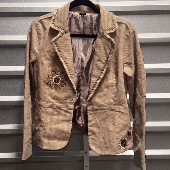 Y2K AZIZ Brown Tan Embroidered Corduroy Crop Jacket Coat women's size Medium - Picture 4 of 9